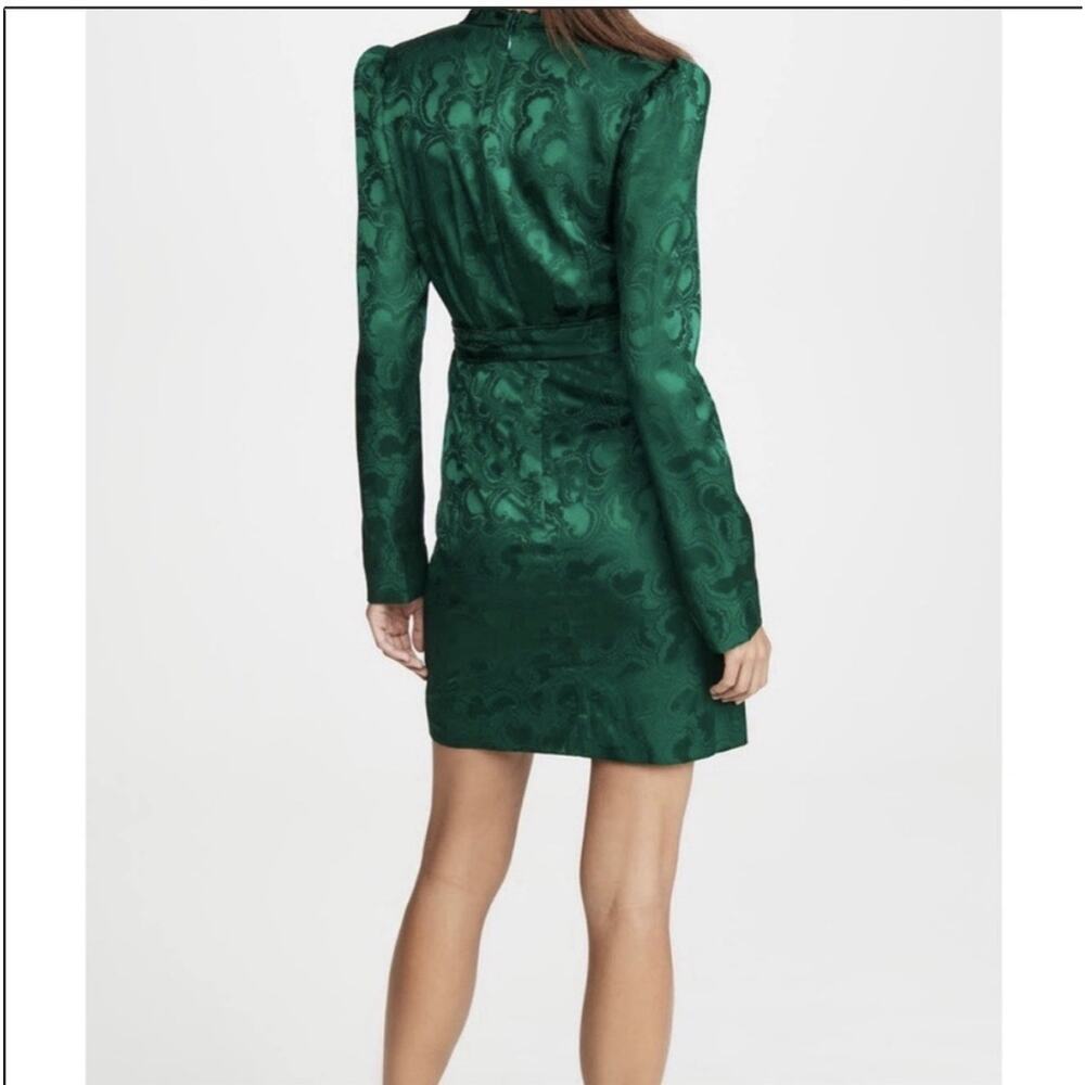 Saloni Bibi Mini Dress Green Silk Jacquard Long Sleeve Faux Wrap US 6 - Picture 2 of 14